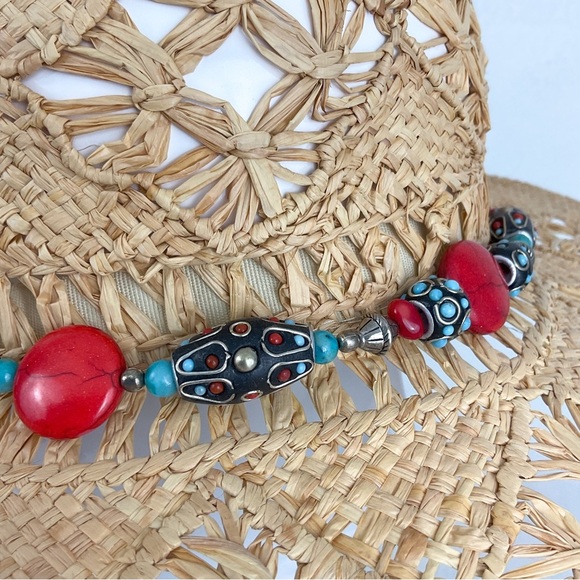Vintage straw open weave sun hat with custom beaded band M/L beach resort wear - Picture 8 of 12